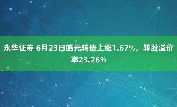 永华证券 6月23日皓元转债上涨1.67%，转股溢价率23.26%